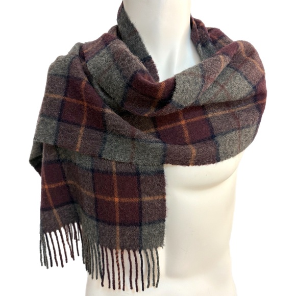 Plaid Wool Scarf – Grey, Burgundy & Rust Check - 12.5″ x 66″ - Picture 1 of 11